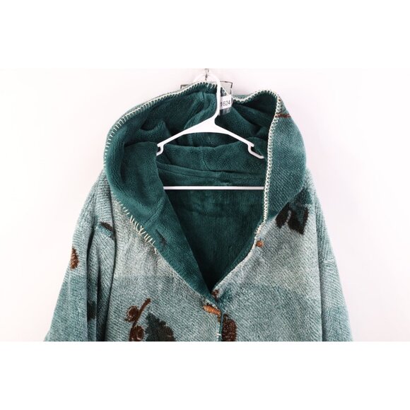 Vtg 90s Womens XL Distressed Reversible Leaf Acorn All Over Print Fleece Jacket - Picture 2 of 16